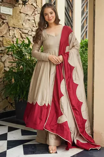 Trending beige fancy lared anarkali suit set with cutwork scallop border & dupatta set