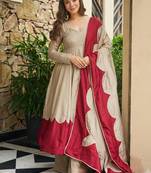 Trending beige fancy lared anarkali suit set with cutwork scallop border & dupatta set