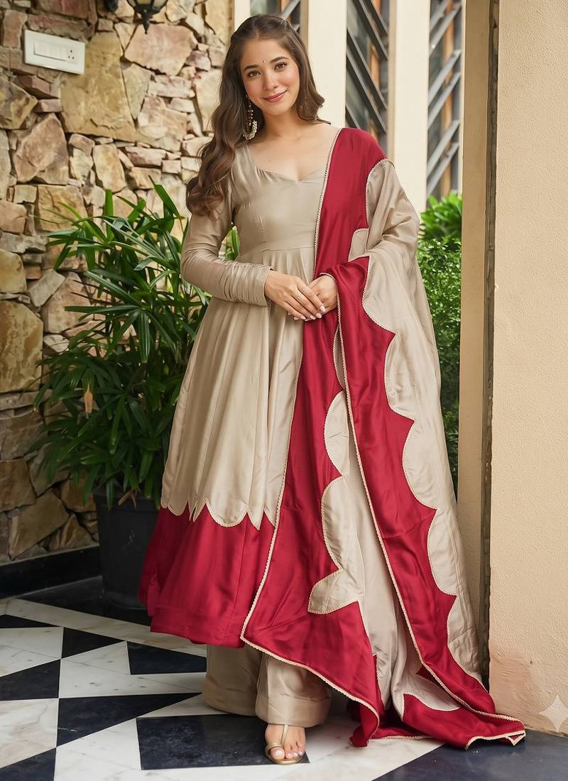 Trending beige fancy lared anarkali suit set with cutwork scallop border & dupatta set