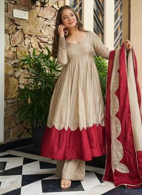 Trending beige fancy lared anarkali suit set with cutwork scallop border & dupatta set 2