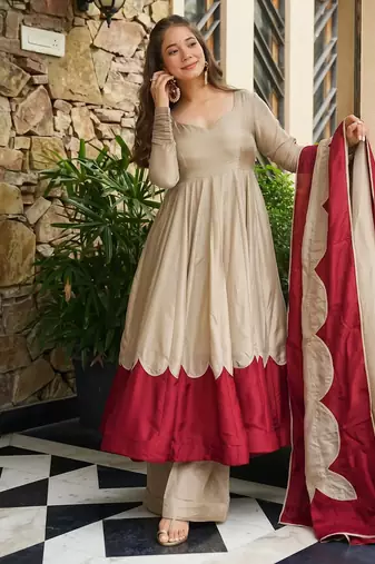 Trending beige fancy lared anarkali suit set with cutwork scallop border & dupatta set
