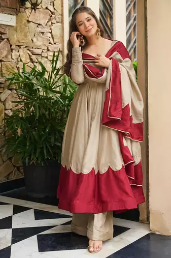 Trending beige fancy lared anarkali suit set with cutwork scallop border & dupatta set