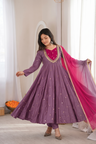 Lavender embroidered anarkali kurta pant set with rani pink dupatta