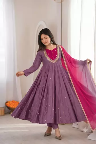 Lavender embroidered anarkali kurta pant set with rani pink dupatta