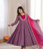 Lavender embroidered anarkali kurta pant set with rani pink dupatta