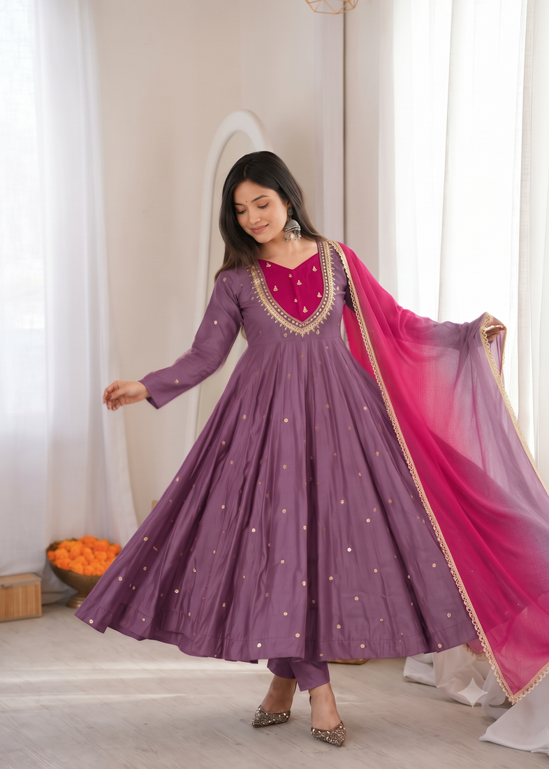 Lavender embroidered anarkali kurta pant set with rani pink dupatta