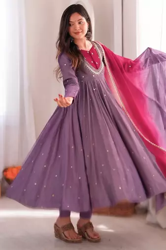 Lavender embroidered anarkali kurta pant set with rani pink dupatta