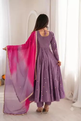 Lavender embroidered anarkali kurta pant set with rani pink dupatta