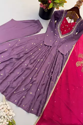 Lavender embroidered anarkali kurta pant set with rani pink dupatta