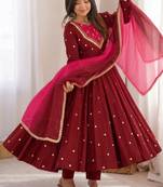 Maroon embroidered anarkali kurta pant set with contrast pink dupatta