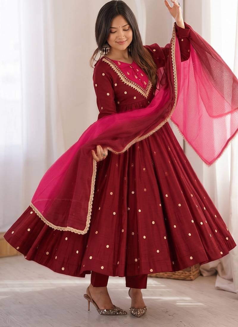 Maroon embroidered anarkali kurta pant set with contrast pink dupatta