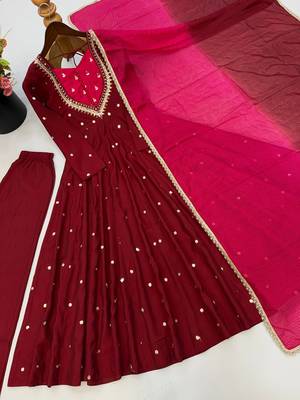 Maroon embroidered anarkali kurta pant set with contrast pink dupatta 2