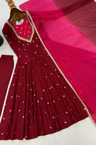 Maroon embroidered anarkali kurta pant set with contrast pink dupatta