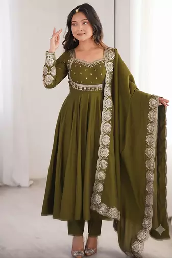Green heavy embroidered flared anarkali suit with pant and dupatta set