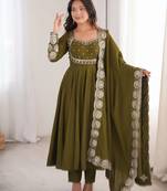 Green heavy embroidered flared anarkali suit with pant and dupatta set