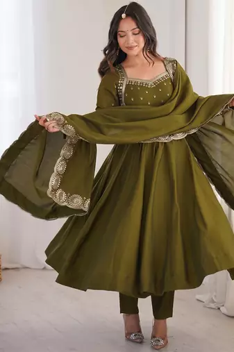 Green heavy embroidered flared anarkali suit with pant and dupatta set