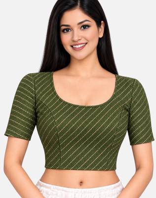 Mehndi green cotton spandex golden woven zari design stretchable readymade saree blouse 1