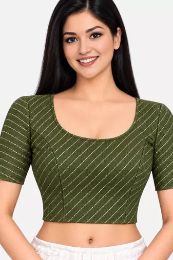 Mehndi green cotton spandex golden woven zari design stretchable readymade saree blouse
