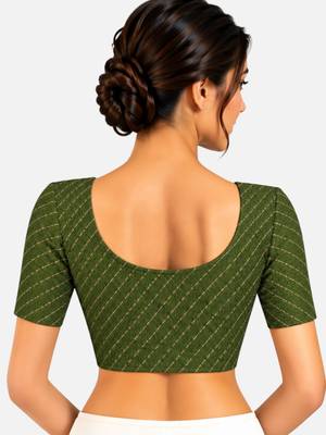 Mehndi green cotton spandex golden woven zari design stretchable readymade saree blouse 2