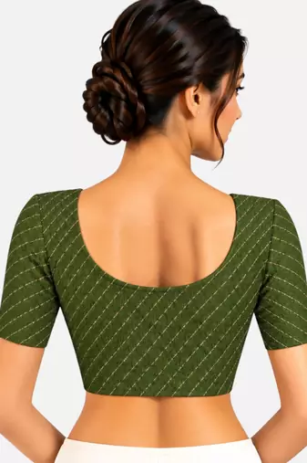 Mehndi green cotton spandex golden woven zari design stretchable readymade saree blouse
