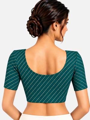 Rama green cotton spandex golden woven zari design stretchable readymade saree blouse 2