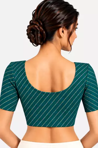 Rama green cotton spandex golden woven zari design stretchable readymade saree blouse