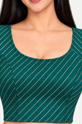 Rama green cotton spandex golden woven zari design stretchable readymade saree blouse
