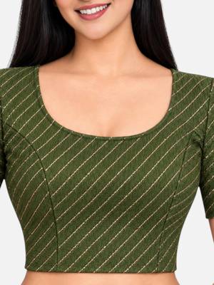 Mehndi green cotton spandex golden woven zari design stretchable readymade saree blouse 4