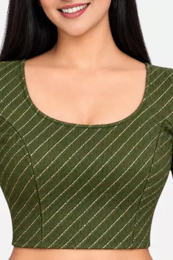 Mehndi green cotton spandex golden woven zari design stretchable readymade saree blouse