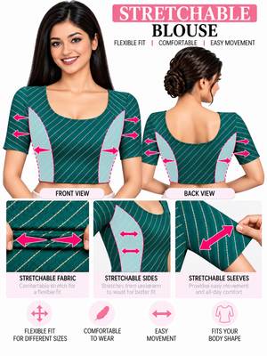 Rama green cotton spandex golden woven zari design stretchable readymade saree blouse 5