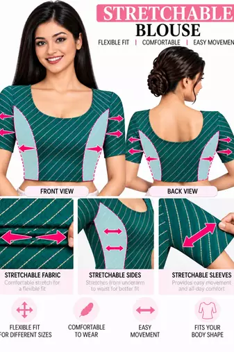 Rama green cotton spandex golden woven zari design stretchable readymade saree blouse