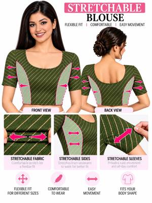 Mehndi green cotton spandex golden woven zari design stretchable readymade saree blouse 5