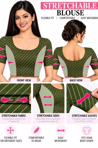Mehndi green cotton spandex golden woven zari design stretchable readymade saree blouse