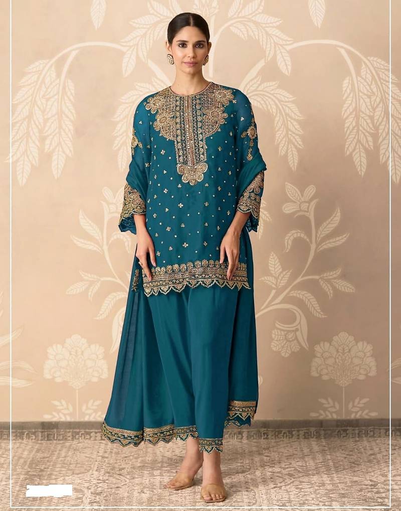 Teal heavy georgette embroidered suit set