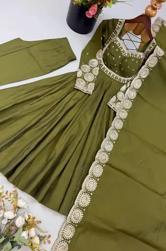 Green heavy embroidered flared anarkali suit with pant and dupatta set