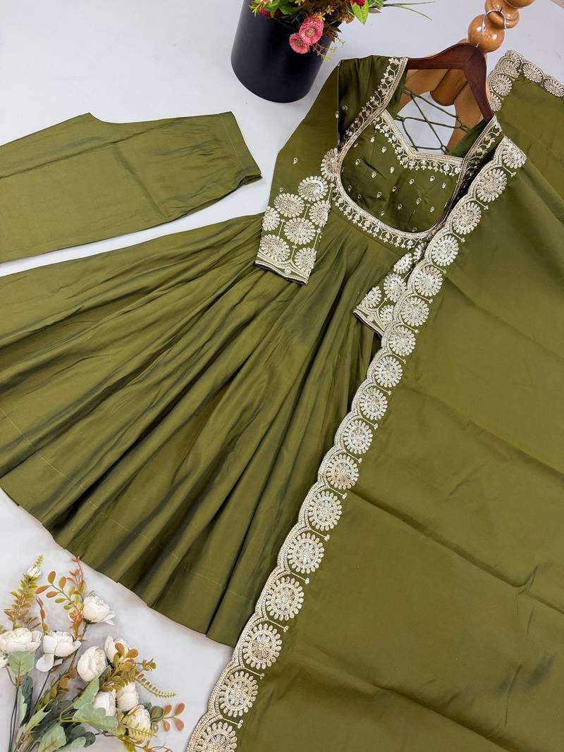 Green heavy embroidered flared anarkali suit with pant and dupatta set