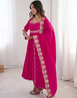 Rani pink heavy embroidered flared anarkali suit with pant and dupatta set 1