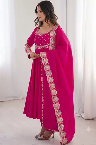 Rani pink heavy embroidered flared anarkali suit with pant and dupatta set