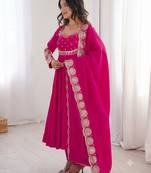 Rani pink heavy embroidered flared anarkali suit with pant and dupatta set