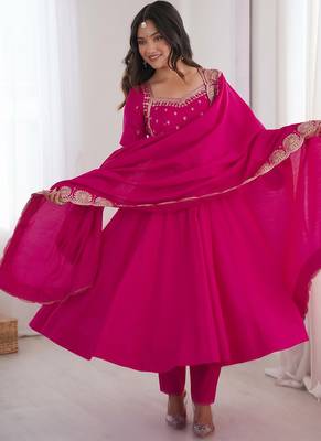 Rani pink heavy embroidered flared anarkali suit with pant and dupatta set 2