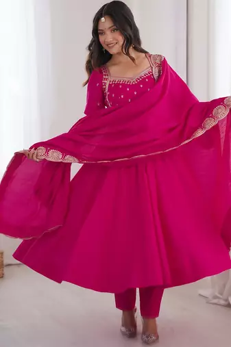 Rani pink heavy embroidered flared anarkali suit with pant and dupatta set