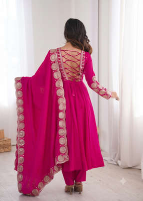 Rani pink heavy embroidered flared anarkali suit with pant and dupatta set 3