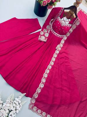 Rani pink heavy embroidered flared anarkali suit with pant and dupatta set 4