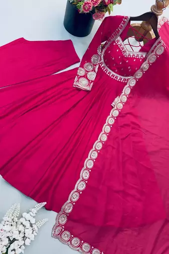 Rani pink heavy embroidered flared anarkali suit with pant and dupatta set