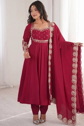 Red heavy embroidered flared anarkali suit with pant and dupatta set