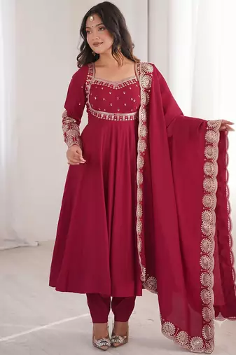 Red heavy embroidered flared anarkali suit with pant and dupatta set