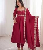 Red heavy embroidered flared anarkali suit with pant and dupatta set