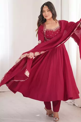Red heavy embroidered flared anarkali suit with pant and dupatta set