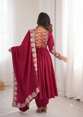 Red heavy embroidered flared anarkali suit with pant and dupatta set 3