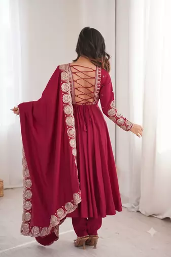 Red heavy embroidered flared anarkali suit with pant and dupatta set
